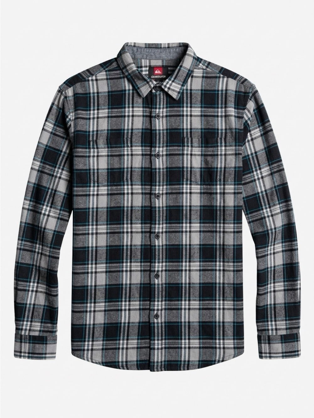 Quiksilver Men’s Black, Gray & Blue Plaid Button-Down Shirt